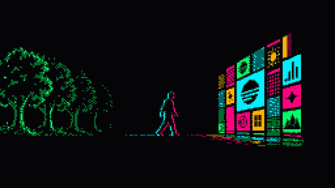 Pixel art: a figure walks away from a grove of trees toward a tall wall of glowing screens.